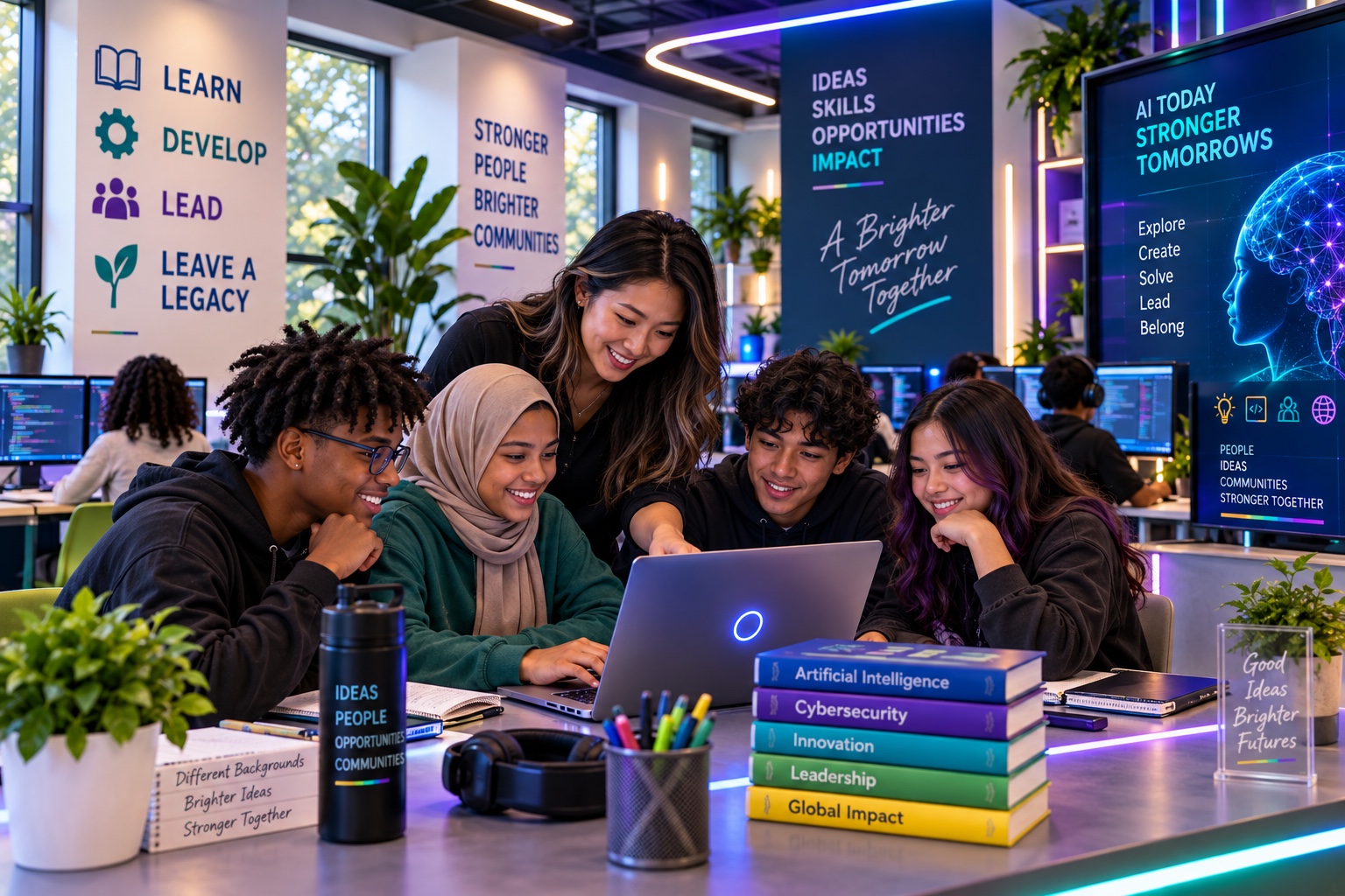 Diverse students exploring artificial intelligence and digital technology with an educator in a modern learning lab.