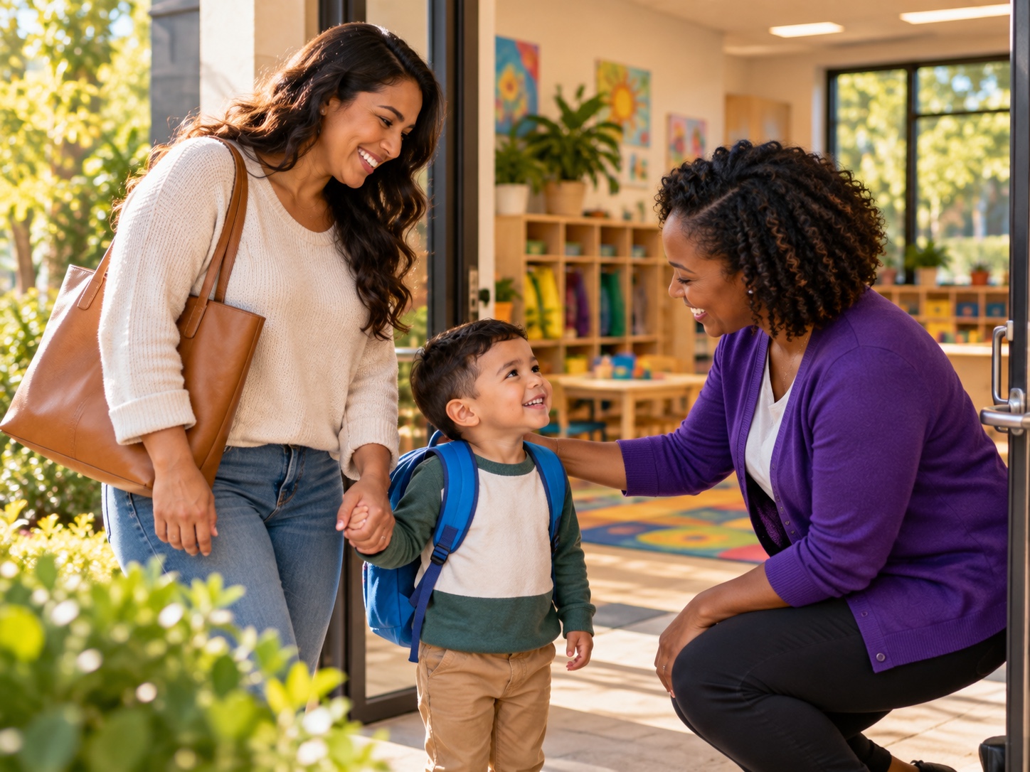 Parent and young child being welcomed by an early-childhood educator at a childcare center.