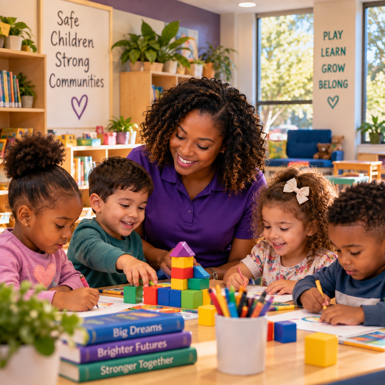 Early-childhood educator supporting a diverse group of young children during a classroom learning activity.