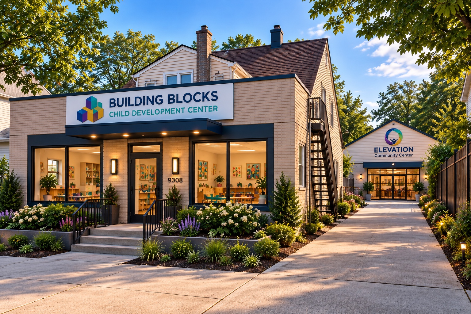 Concept rendering of a potential future renovation, with Building Blocks Child Development Center in front and Elevation Community Center to the rear right.